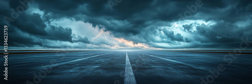 Endless Runway Under a Darkening Sky, background, runway, sky, transportation, transport, airplane, travel, airport, air, blue, plane, aircraft, aviation, airline, flight, landing, tourism, horizon. 