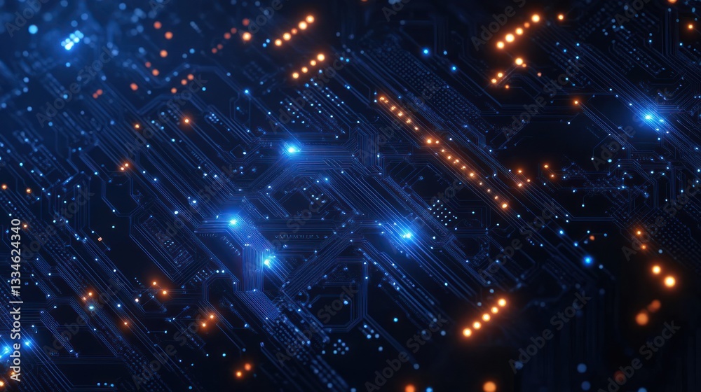 Obraz premium Futuristic Circuit Board Background with Intricate Blue Patterns and Glowing Neon Lights