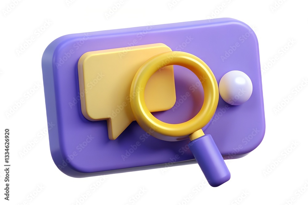 3D Purple Search Bar Icon with Yellow Speech Bubble and Magnifying Glass - Communication and Inquiry Concept 3D Purple Search Bar Icon with Yellow Speech Bubble and Magnifying Glass - Communication and Inquiry Concept