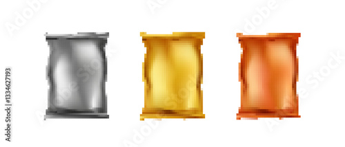 Three metallic barrels of different colors stand in a row, showcasing smooth cylindrical shapes.