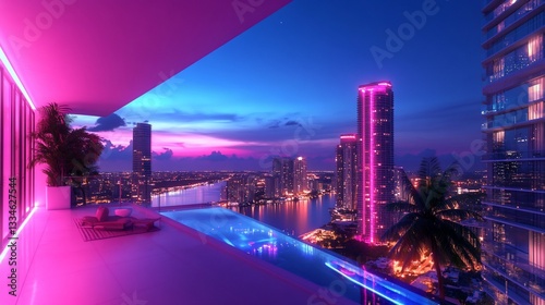 Rooftop pool overlooking Miami skyline at dusk with neon lights and city views