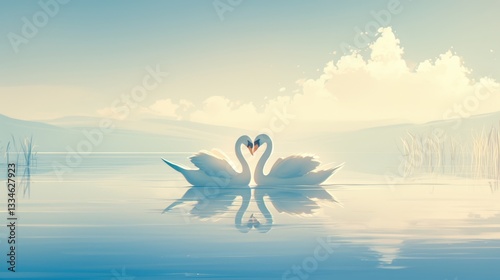 Fototapeta Naklejka Na Ścianę i Meble -  A pair of swans gliding serenely across a still lake.