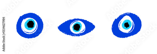 Three vivid blue evil eye symbols, each with a distinct black center, are displayed in a row.