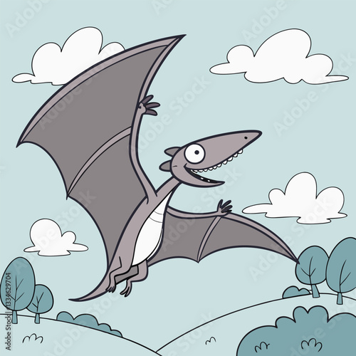 Joyful Pterodactyl Cartoon Illustration: Grey, Flying Dinosaur, Kids' Book.