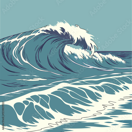 Ocean Wave Vector Graphic: Teal Blue Crashing Surf.