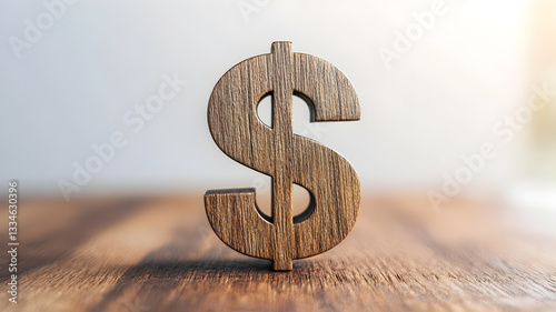 A wooden dollar sign is on a wooden table. The dollar sign is carved out of wood and has a rustic, natural feel to it. The wooden table provides a warm and inviting backdrop for the dollar sign