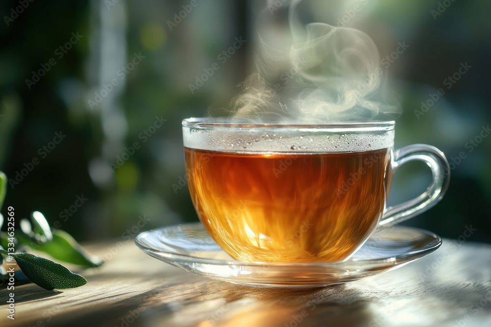 steaming cup of herbal tea sits on wooden table, surrounded by greenery, creating warm and inviting atmosphere. steam rises gently, enhancing cozy feel of scene steaming cup of herbal tea sits on wooden table, surrounded by greenery, creating warm and inviting atmosphere. steam rises gently, enhancing cozy feel of scene
