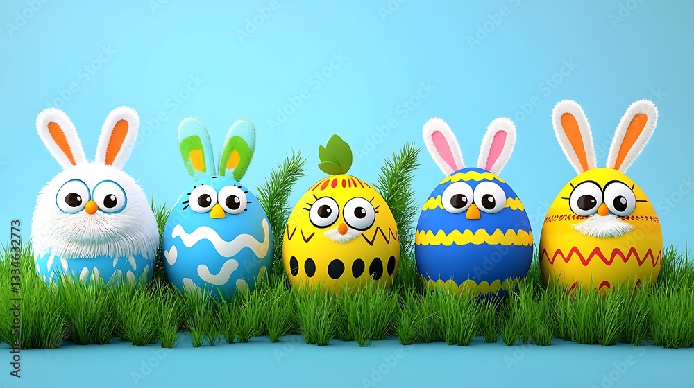 Obraz premium Five cute cartoon Easter eggs in grass.