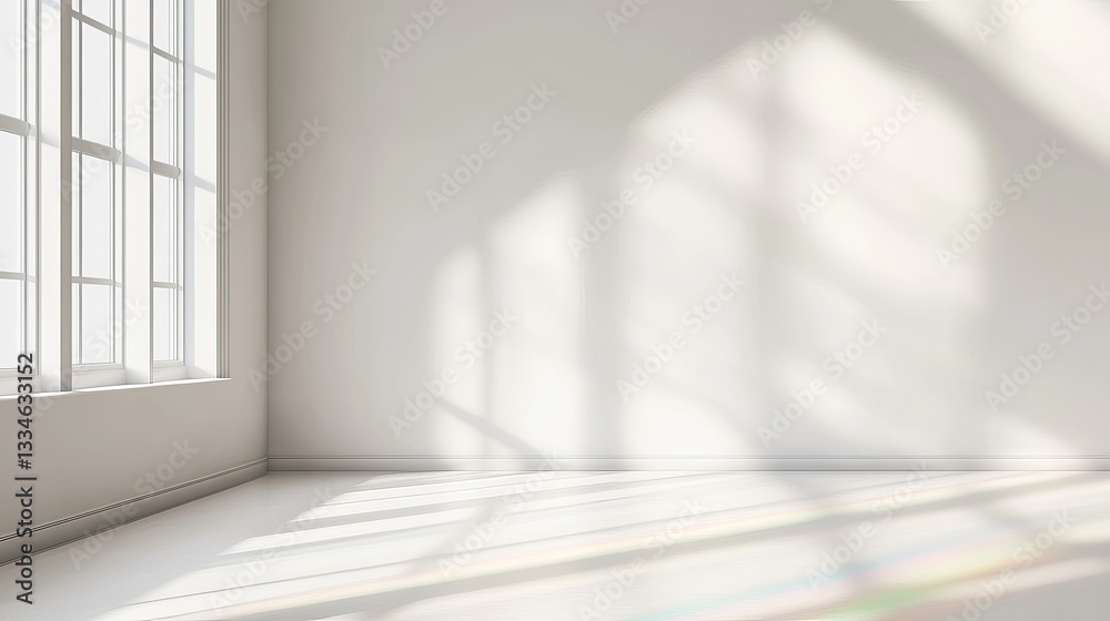 Obraz premium Sunlit empty room with large windows and soft light reflections on white walls