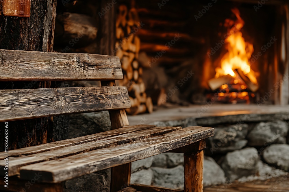 Fototapeta premium Rustic Wooden Bench by a Cozy Fireplace
