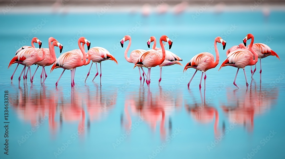 Naklejka premium A flock of flamingos wading in a shallow lagoon
