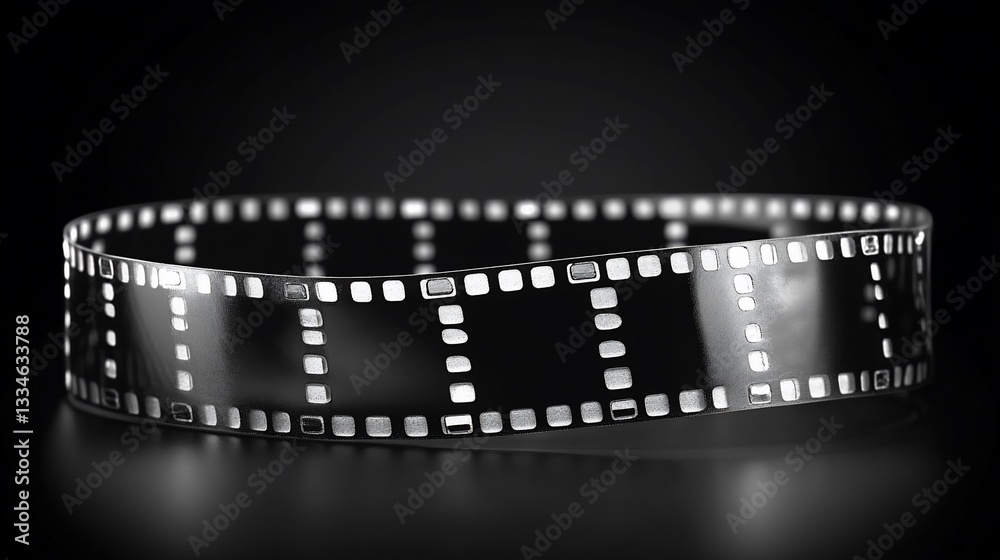 Obraz premium Shiny film strip curves in a loop, isolated against a black background