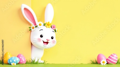 Easter bunny greeting card. Easter bunny greeting card. Easter bunny with a wreath on his head on a yellow background. Banner	