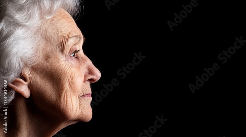 Elderly caucasian female profile with white hair on black background