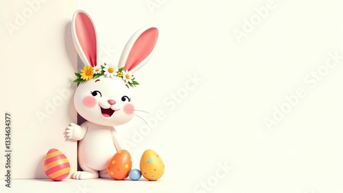 Easter bunny greeting card. Easter bunny with a wreath on his head on a yellow background. Banner