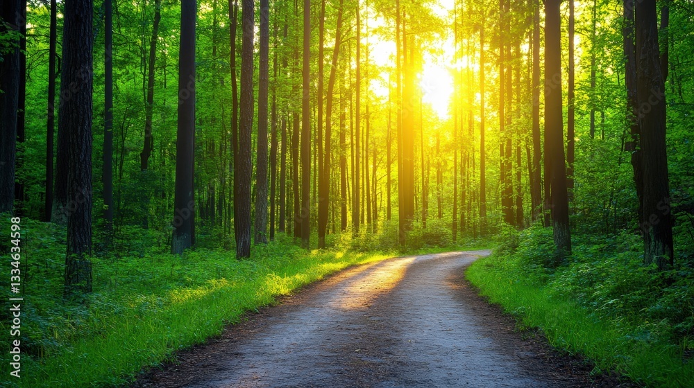 Obraz premium A serene forest path bathed in sunlight, surrounded by lush greenery, inviting tranquility and nature exploration.