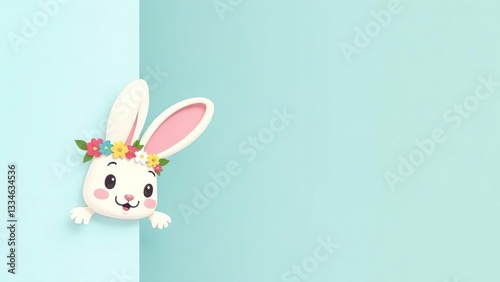 Easter bunny greeting card. Easter bunny with a wreath on his head on a blue background.  Banner