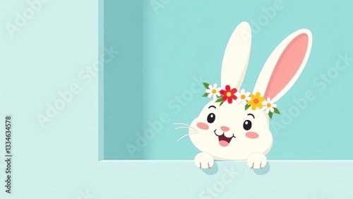 Easter bunny greeting card. Easter bunny with a wreath on his head on a blue background