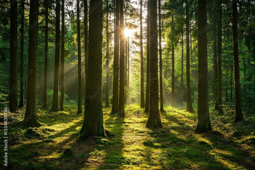 Fototapeta premium Sunlight Filters Through Tall Trees in a Serene Forest Illuminating Lush Greenery