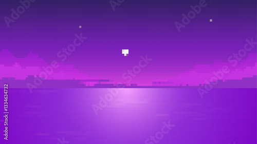 Pixel art shows a calm ocean beneath a vibrant purple sky with bright stars shining above.