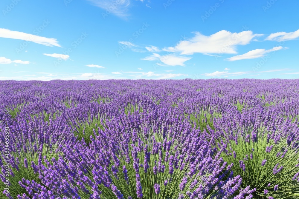 Obraz premium Lavender field under a bright blue sky on a sunny day in spring