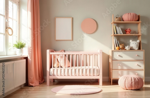 Cozy pink nursery with natural light and modern decor for a serene baby environment
