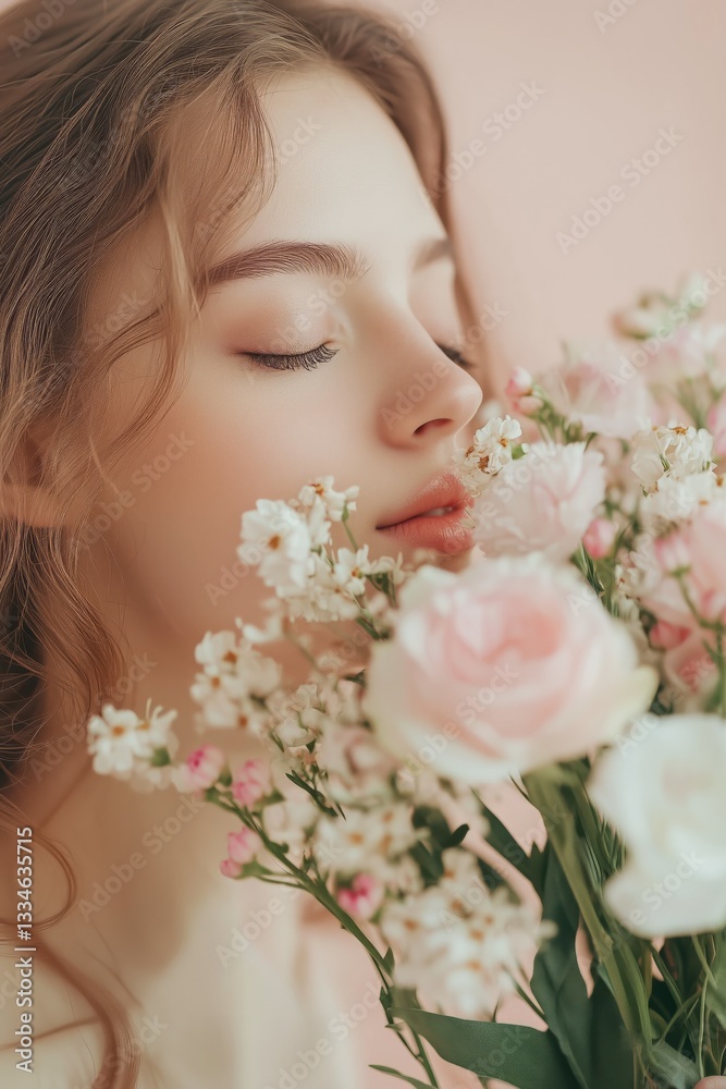 woman smelling flowers romantic portrait close up woman smelling flowers romantic portrait close up