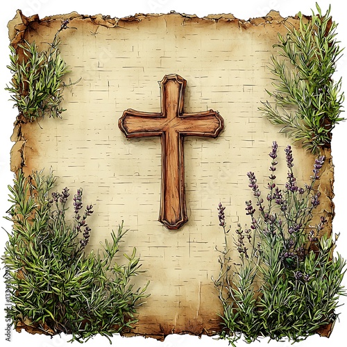 A Wooden Cross On Parchment Surrounded By Greenery And Flowers photo