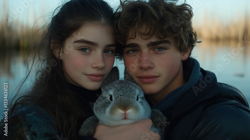 Teenagers hold rabbit by water's edge, serene moment