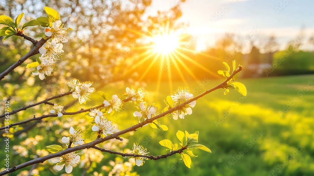 Radiant spring awakening with delicate blossoms bathed in golden light