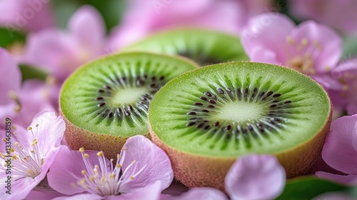 Fresh kiwi slices amongst pink flowers