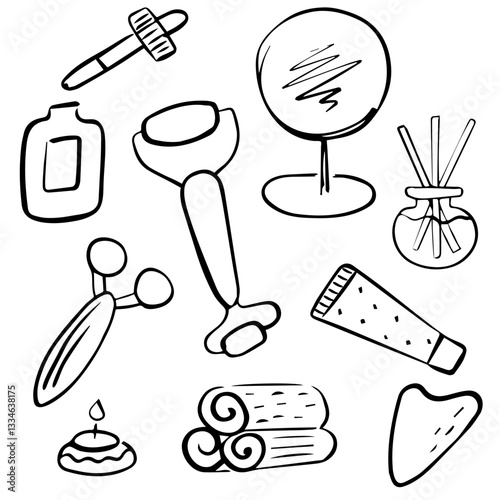 Black and White Hand-Drawn Skincare and Spa Essentials Illustration with Beauty Tools, Facial Rollers, Oils, and Wellness Items