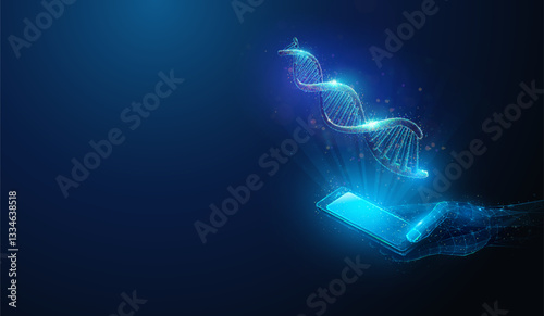 DNA Helix Spiral Made of Particles Over Low Poly Smartphone in Hand. Abstract geometric illustration on test for ancestry, genetic testing, genealogy research online service concept on blue background