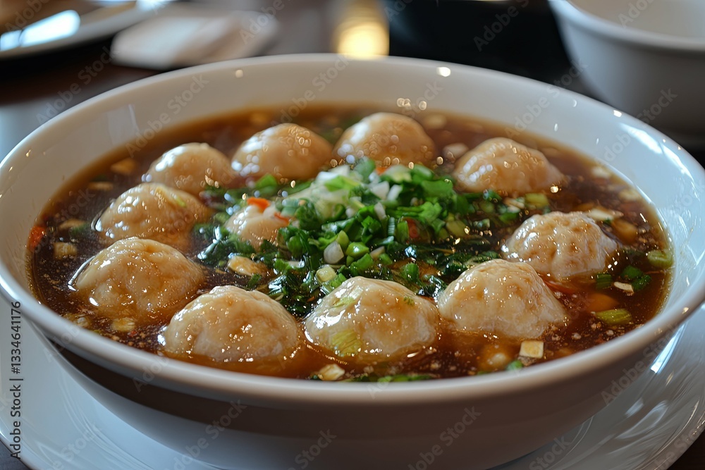 Delicious bowl of meat dumplings served in savory brown broth Delicious bowl of meat dumplings served in savory brown broth