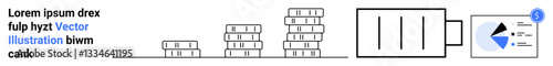 Stacks of items entering a processing system and converting into organized data on an analytic dashboard. Ideal for automation, workflow, analytics, data analysis, reporting, technology, simple