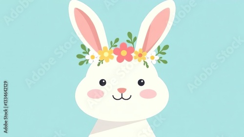 Easter bunny greeting card. Easter bunny with a wreath on his head on a blue background