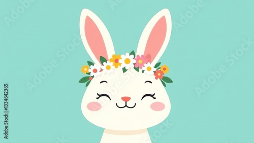 Easter bunny greeting card. Easter bunny with a wreath on his head on a blue background