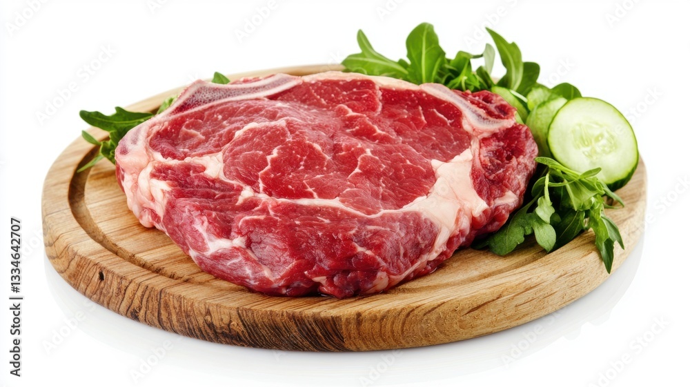 Fresh raw steak garnished with greens and cucumber on a wooden cutting board. Fresh raw steak garnished with greens and cucumber on a wooden cutting board.