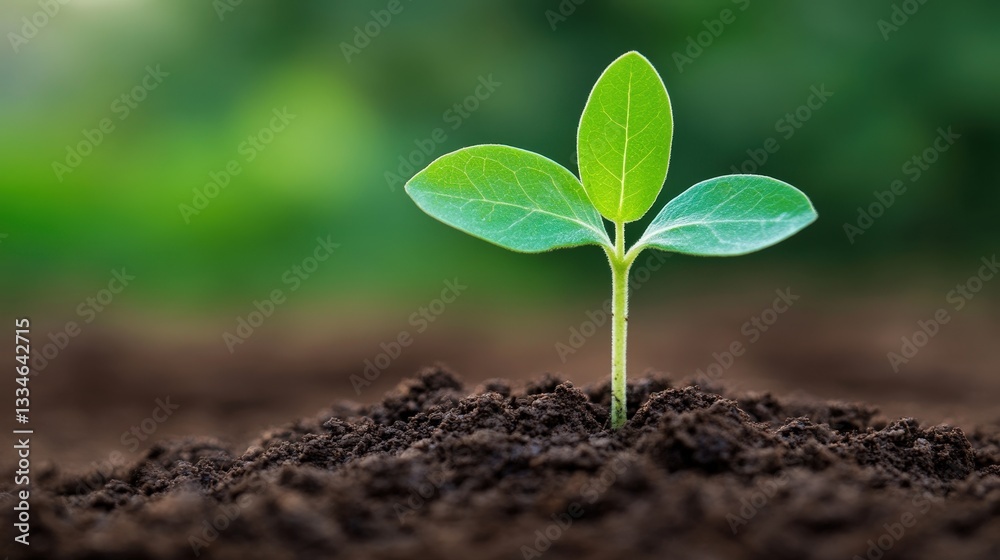 Naklejka premium A small green seedling with vibrant leaves emerges from dark soil, symbolizing growth and renewal in a natural environment.