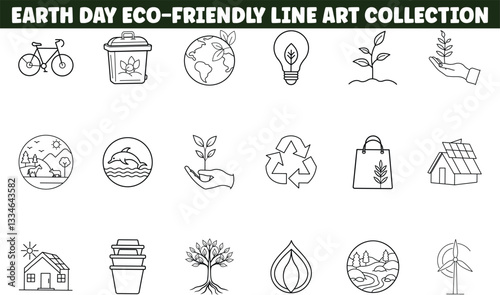 Earth Day EcoFriendly Line Art Recycling, Nature, Sustainability Icons