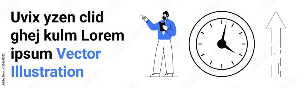 Man holding clipboard, pointing forward beside analog clock and ascending arrow. Ideal for productivity, goal setting, strategy, growth, time management, planning, simple landing page Man holding clipboard, pointing forward beside analog clock and ascending arrow. Ideal for productivity, goal setting, strategy, growth, time management, planning, simple landing page