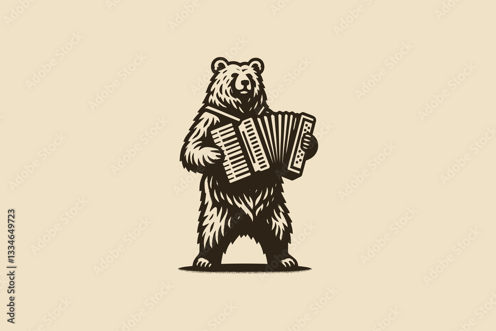 Fototapeta premium Vintage bear playing accordion, folk art engraving illustration