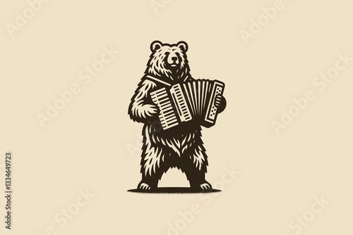 Vintage bear playing accordion, folk art engraving illustration