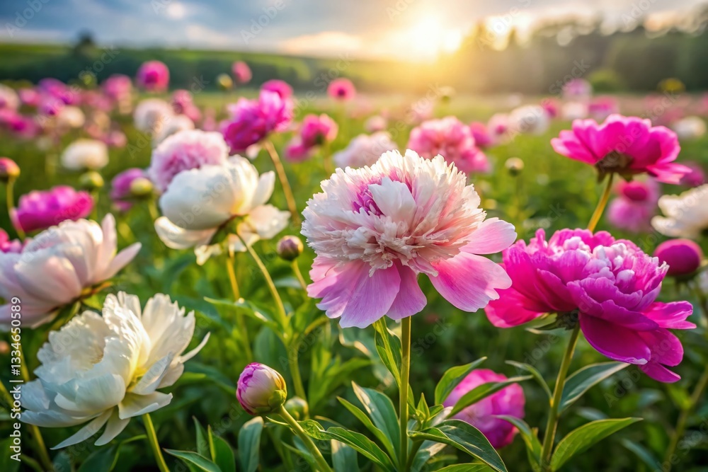 Fototapeta premium Serene Peony Wildflowers in a Sunlit Meadow - Stunning Landscape Photography