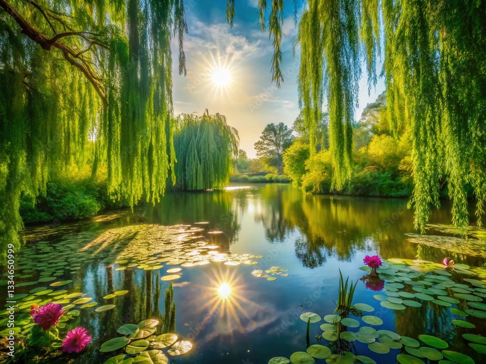 Serene Pond Landscape: Lush Greenery, Willow Branches, Water Lilies, Sunlight