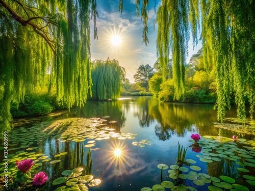 Obraz na płótnie Serene Pond Landscape: Lush Greenery, Willow Branches, Water Lilies, Sunlight w salonie