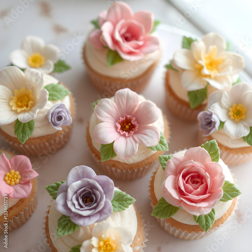 Cupcakes primaverales cubiertos de flores, perfectos para un festín lleno de color y sabor.