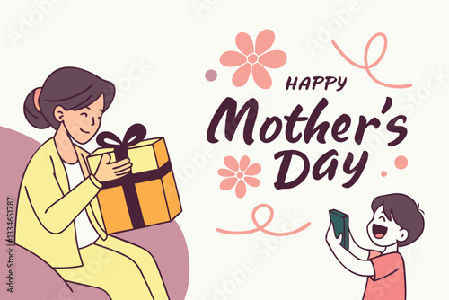 A heartwarming Mother's Day illustration featuring a woman receiving a gift and her son taking a photo of her