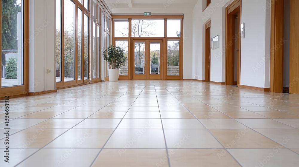 Obraz premium Modern Hallway with Beige Tiles & Wooden Doors