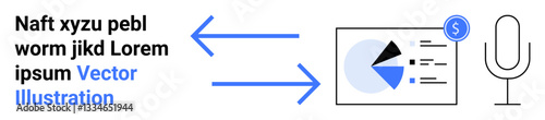 Blue arrows connect text, a microphone, and a financial dashboard with pie chart and dollar icon. Ideal for finance, analysis, communication, workflow, technology, podcasting and simple landing page
